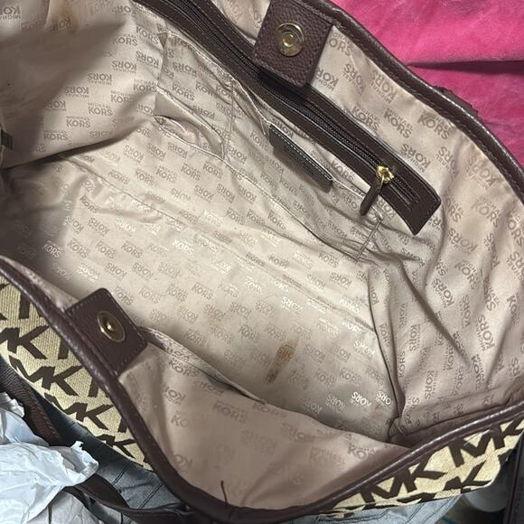 Michael Kors MK Monogram Signature Logo Brown Tan Large Tote Shoulder Bag - Picture 8 of 8